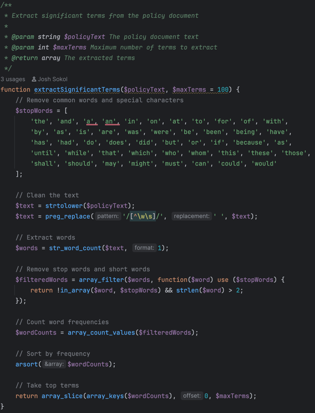 PHP code to extract significant terms