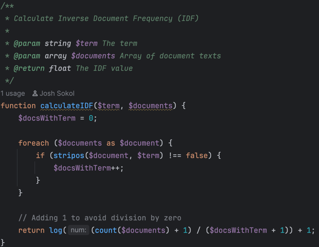 PHP code to calculate the inverse document frequency