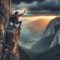 A woman stuck on a rock face and trying to make a call on her cell phone, but with no signal
