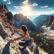 Two partners making an ascent up a rock face on a beautiful day