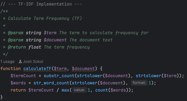 PHP code to calculate the term frequeny